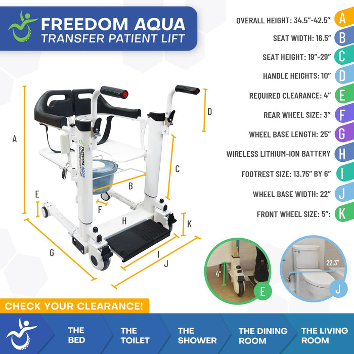 Mobile PatientLift - Freedom Aqua Waterproof Transfer Patient Lift – Lightweight, Adjustable Height, Portable, and Sling Free Electric Patient Lift