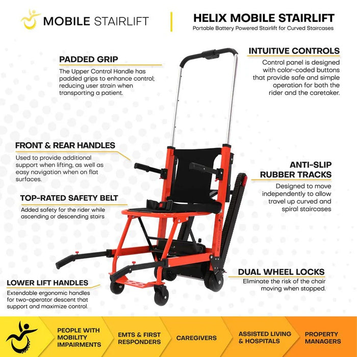 Mobile StairLift - Helix Mobile Stairlift, Portable Stair Chair for Curved Staircases, 400 lb Capacity, 120 Flights per Charge