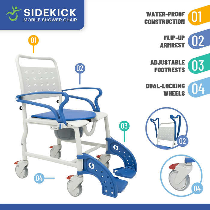 Mobile PatientLift - Sidekick Mobile Shower Chair 3-in-1 Shower Chair, Bathing Commode, with Lockable Wheels and Ergonomic Design