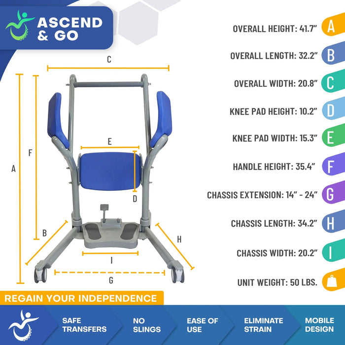 Mobile PatientLift - Ascend & Go Sit-to-Stand Lift – Ergonomic Patient Transfer Device with Pivoting Seat, Dual-Locking Wheels, and Supportive Handle for Safe and Comfortable Transfers